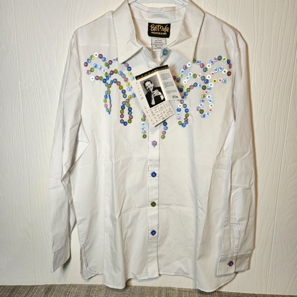 Bob Mackie NWT Size Large Wearable Art Crisp White Button Detail Women's…